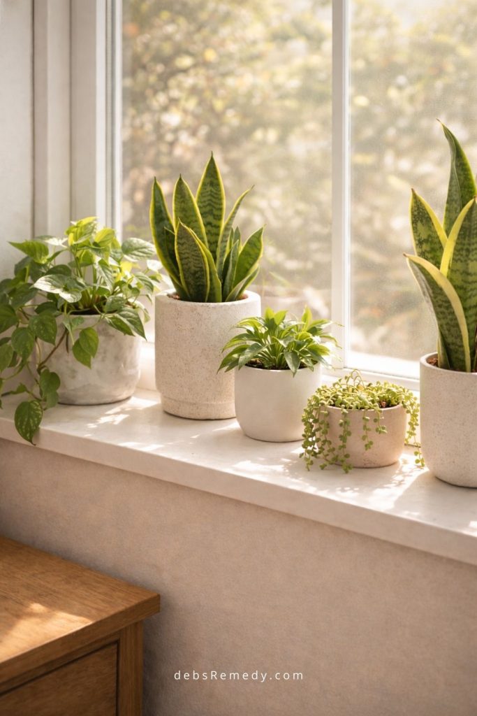 Sunlit windowsill with lush plants